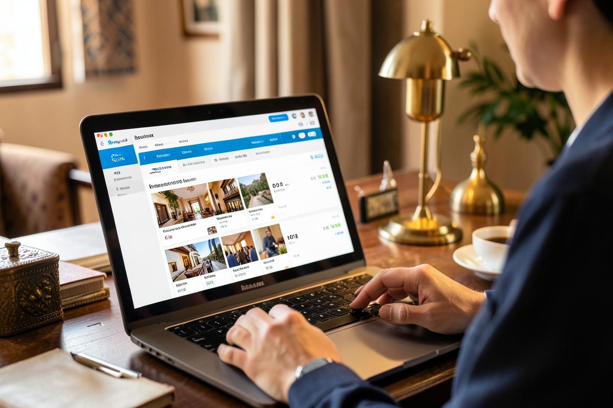 Gestionnaire hôtelier vérifiant la fiche de son établissement sur l'extranet Booking.com