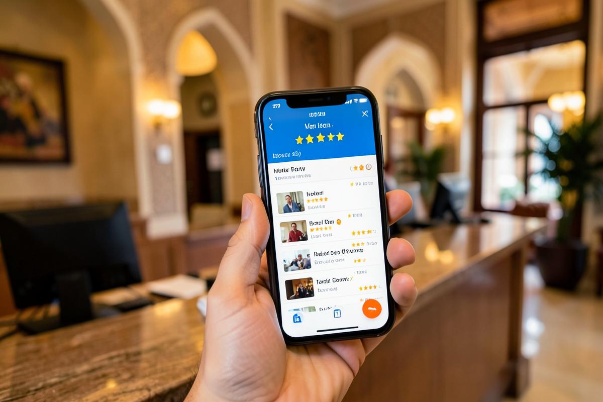 Avis clients d'un hôtel consultés sur un smartphone à la réception