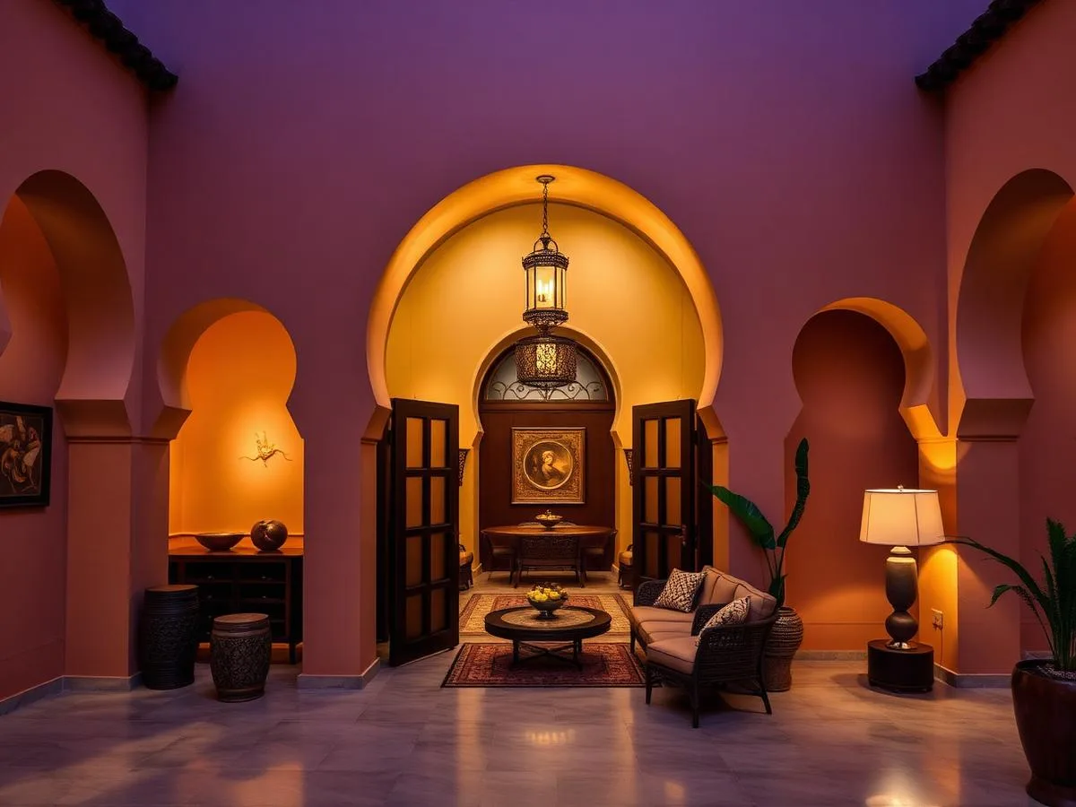 Lobby de boutique-hôtel avec arches marocaines
