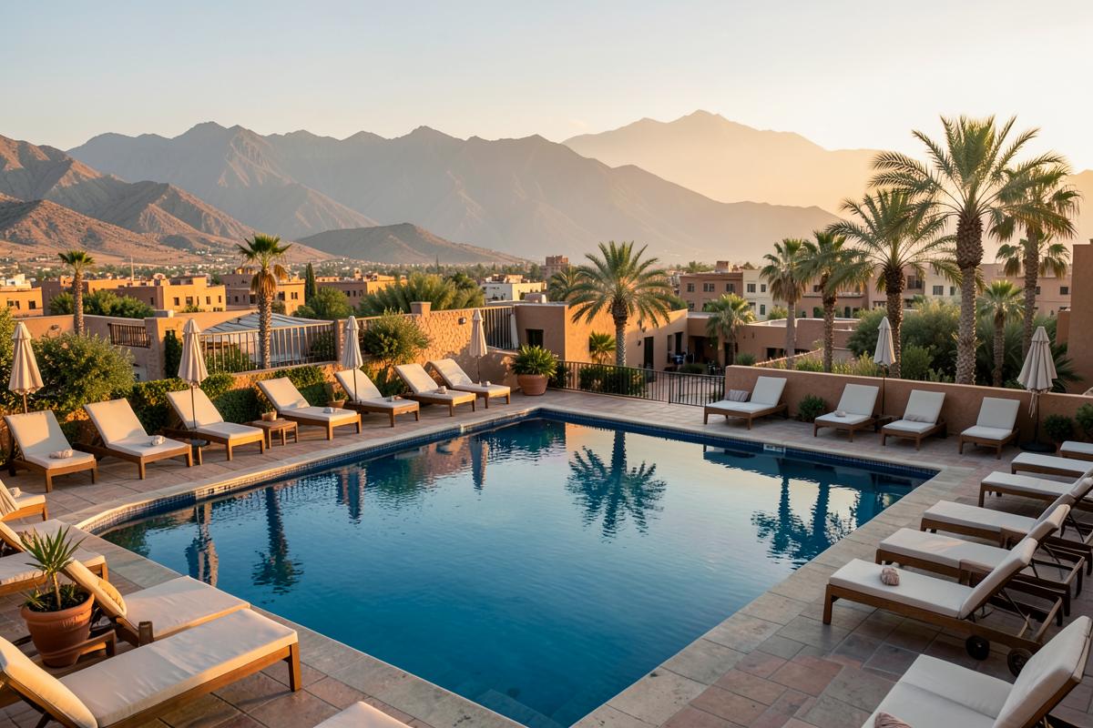 Piscine et terrasse d'un boutique hôtel à Marrakech en fin de journée
