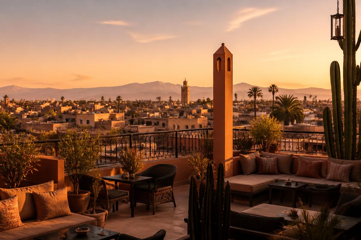 Terrasse d'un boutique-hôtel à Marrakech au coucher du soleil