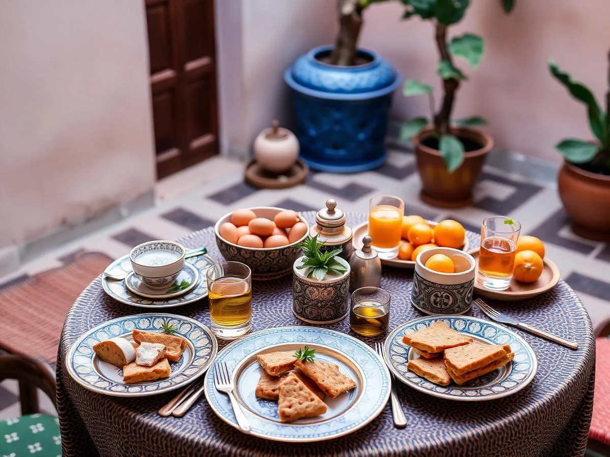 Petit-déjeuner marocain servi en patio de riad