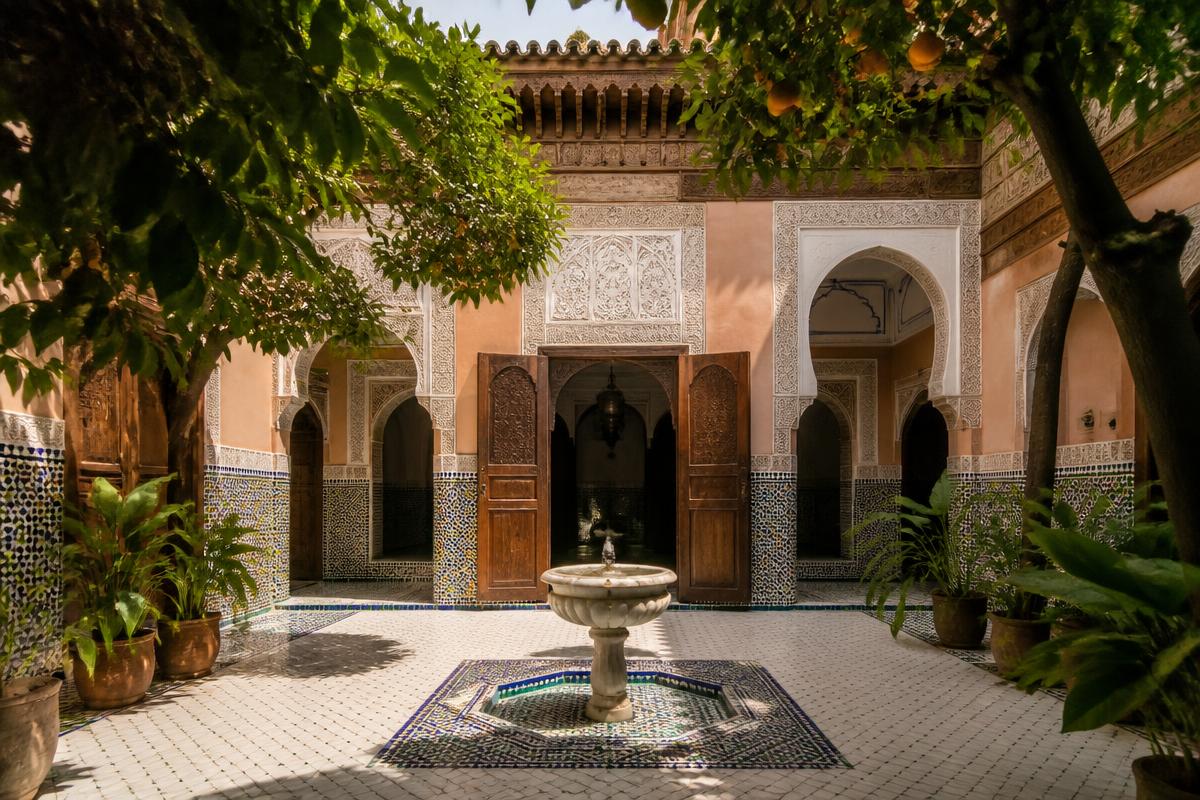 Patio d'un riad traditionnel marocain avec fontaine et zelliges