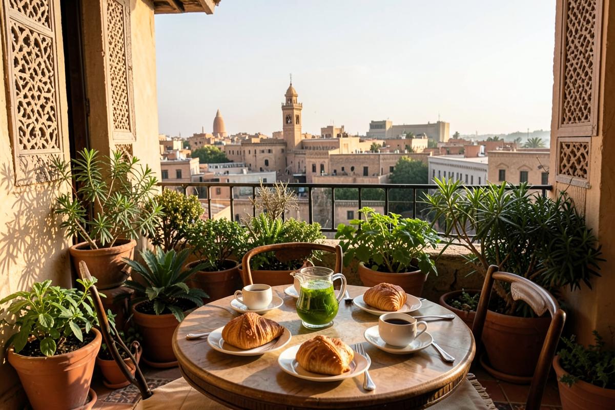 Petit-déjeuner servi sur la terrasse d'un riad avec vue sur la médina