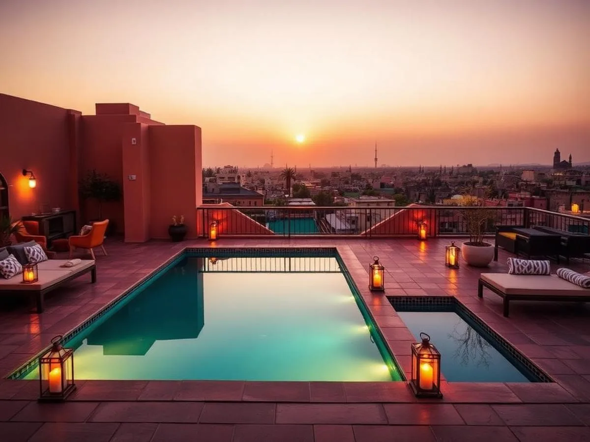 Terrasse de riad avec piscine au coucher du soleil à Marrakech