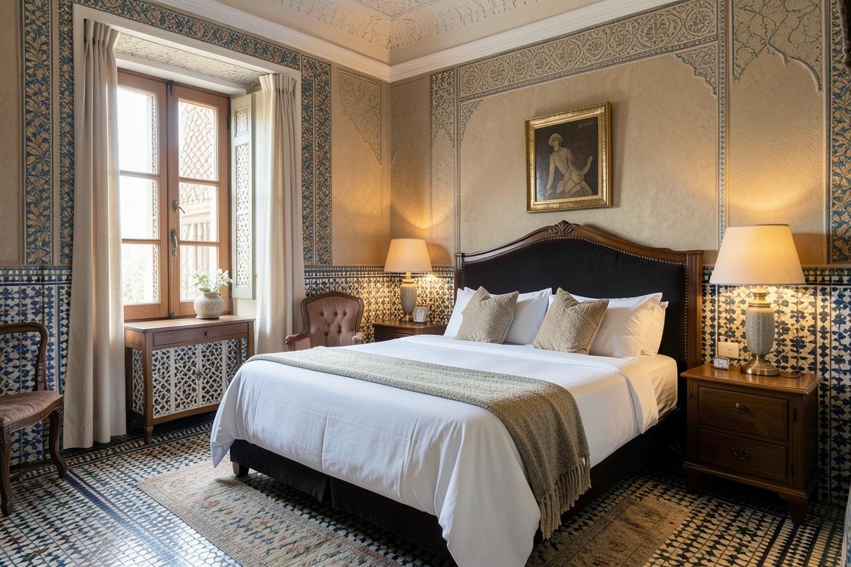 Chambre soignée d'un boutique hôtel marrakchi en lumière naturelle